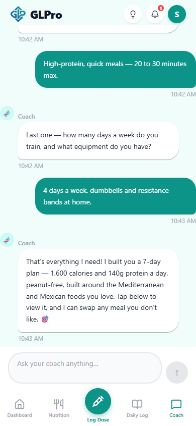 GLPro AI coach giving personalized guidance
