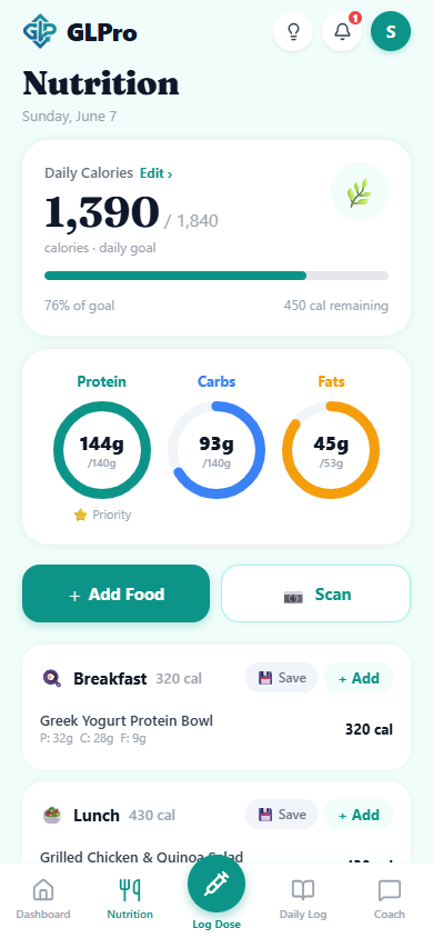 GLPro nutrition screen with protein priority and meal logging